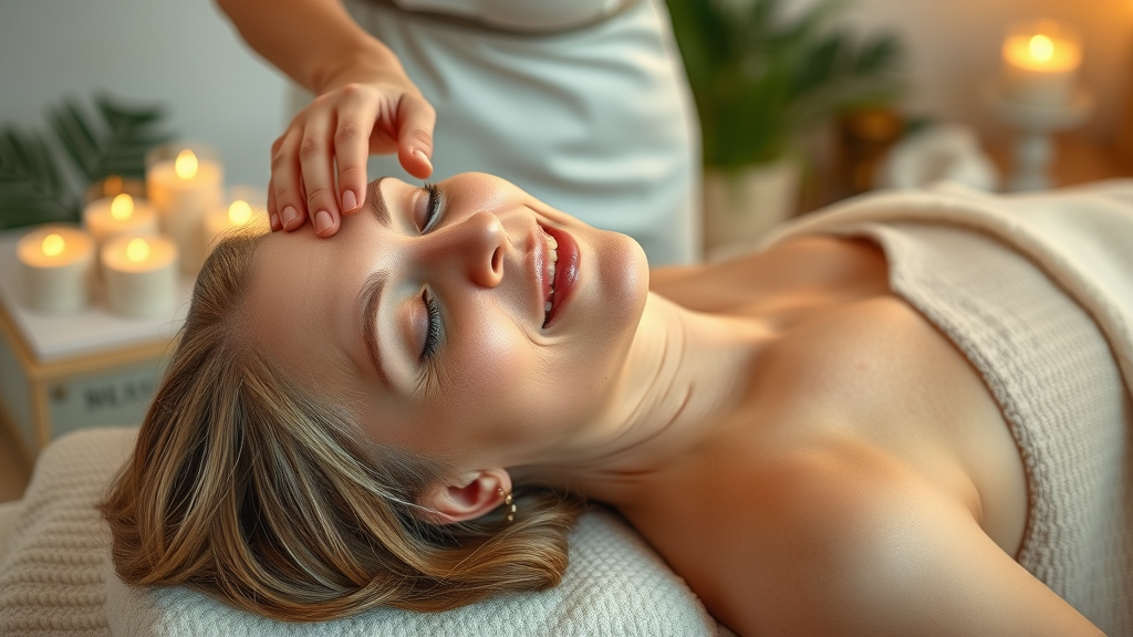 Lymphatic massage benefits mature woman with reduced tension and deep relaxation.