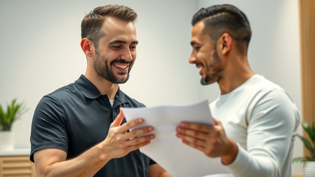 Male massage therapist consulting client about trigger point therapy trends in modern clinic