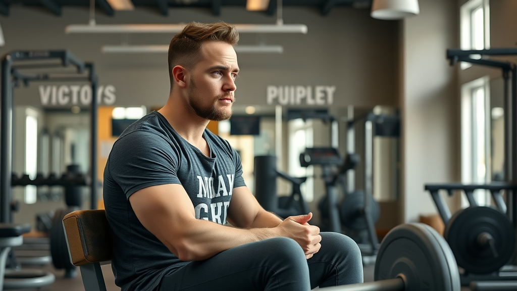 Determined fitness entrepreneur Todd Robert in his boutique gym, thoughtfully reviewing EMS equipment