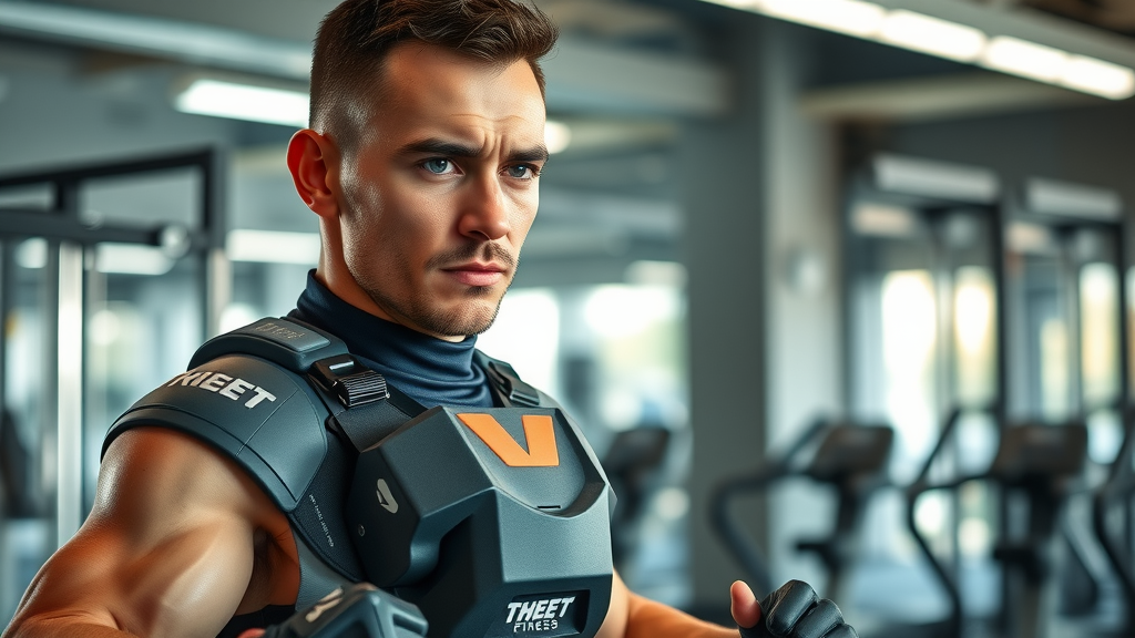 Athlete using EMS suit performing low-impact workout with focused expression in a modern gym