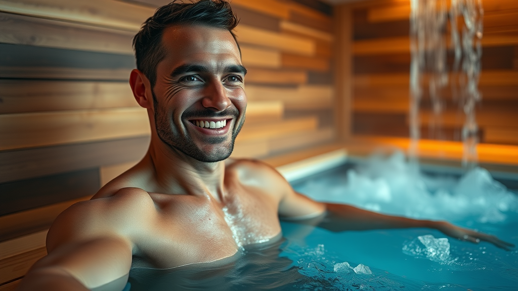 Athlete transitioning from modern infrared sauna to cold plunge exhibiting refreshed expressions in spa environment