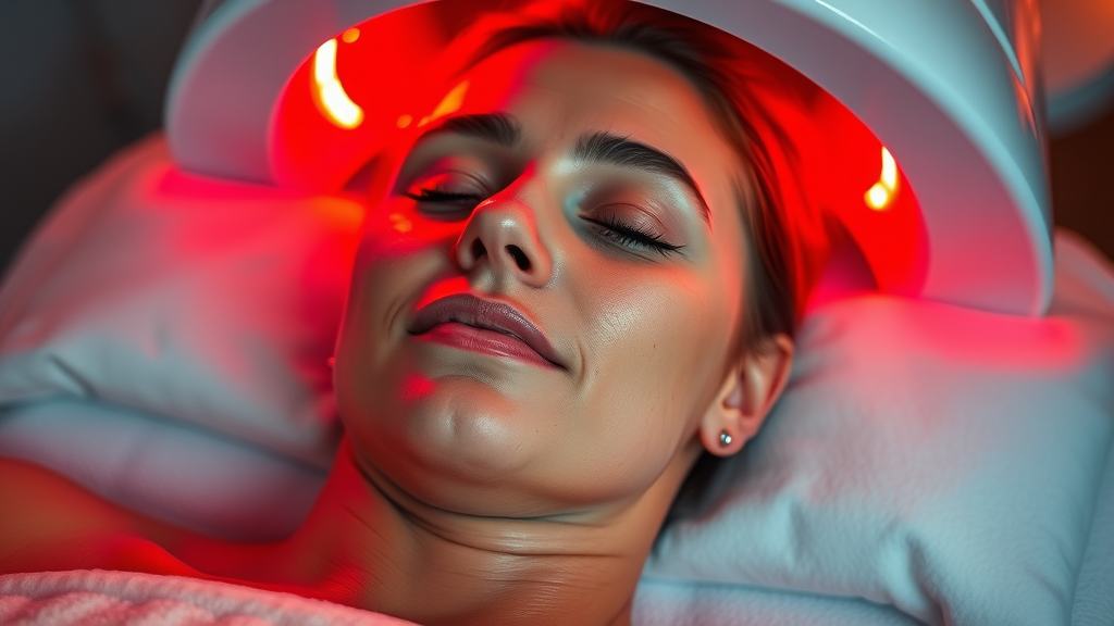 Relaxed individual receiving red light therapy in spa-like environment with warm ambient lighting