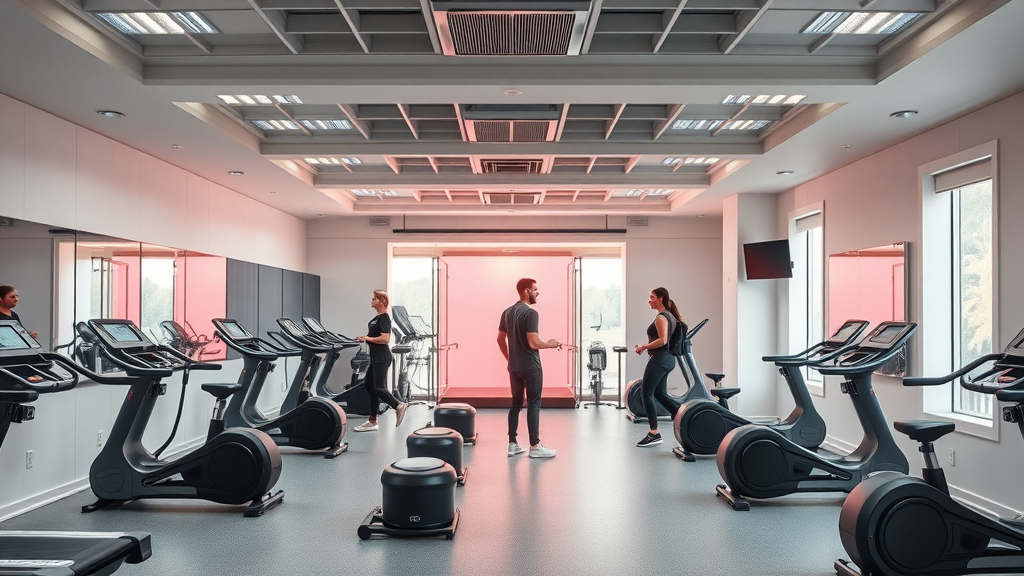 Modern boutique gym interior with EMS, sauna, and red light therapy zones, welcoming staff assisting clients