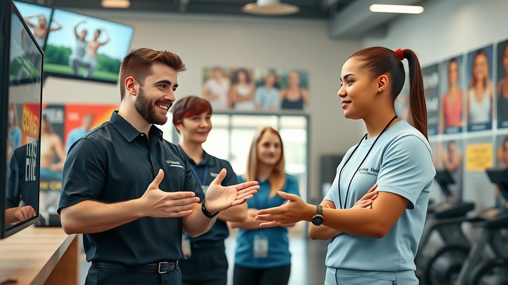 Motivated gym staff giving educational tour to curious client demonstrating innovative fitness technology