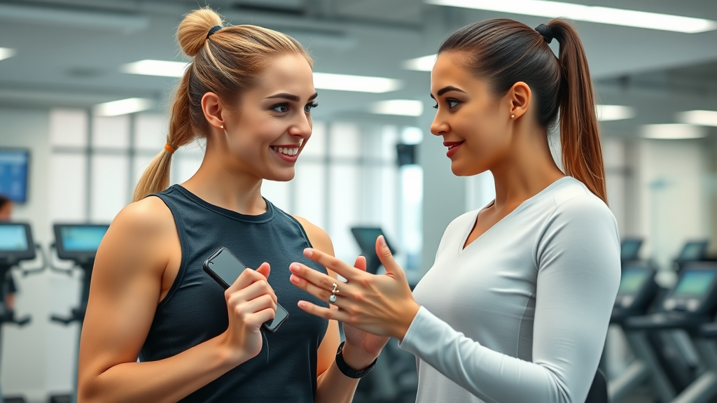 Professional female fitness coach advising client on EMS equipment use in modern gym