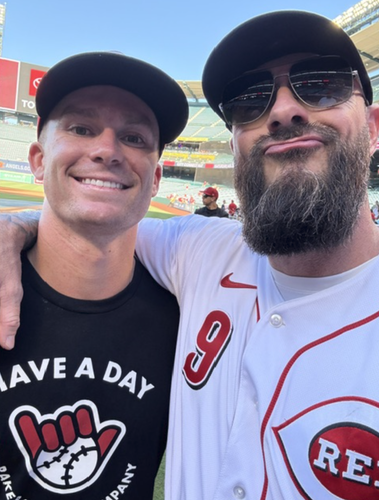 Josh Reidt with a baseball athlete at Angel Stadium