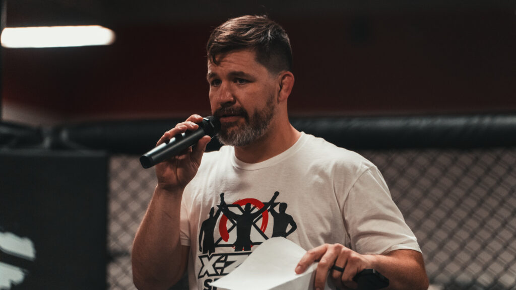 Cody Freeland speaking inside X-Zen Sports in Greenville, South Carolina