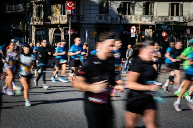 Marathon air pollution study with runners racing on a city street