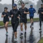 People running outdoors in rainy weather during everyday physical activity
