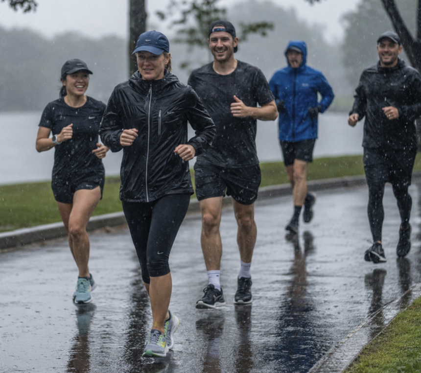People running outdoors in rainy weather during everyday physical activity