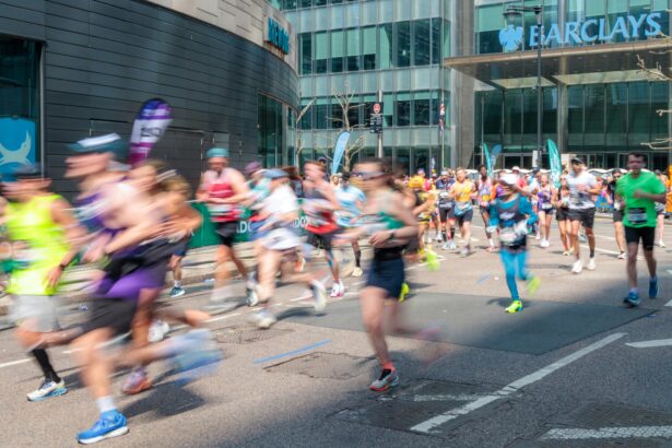 Marathon runners on a city street, illustrating endurance training and lung function research