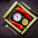 Healthy food arranged around a clock to represent meal timing