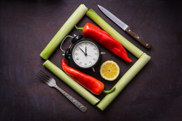 Healthy food arranged around a clock to represent meal timing