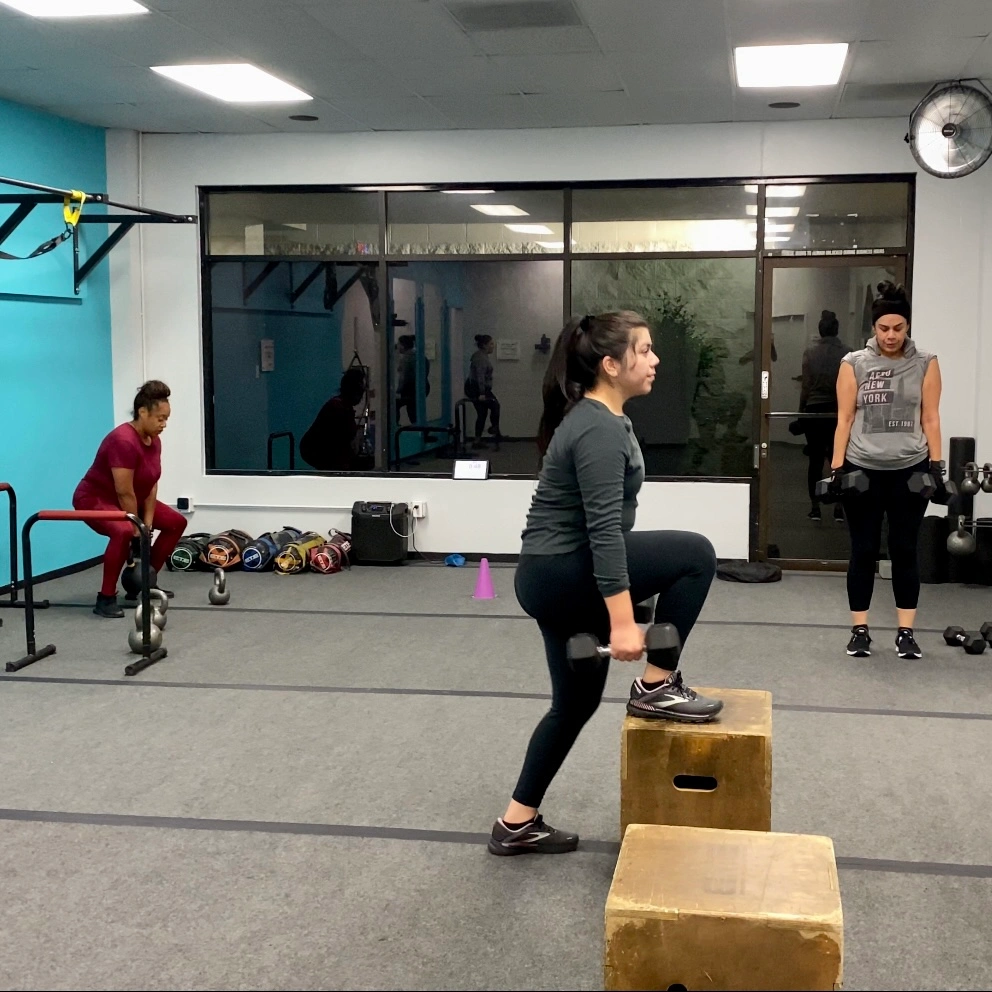 Sculpt Fitness members performing dumbbell exercises and weighted step-ups