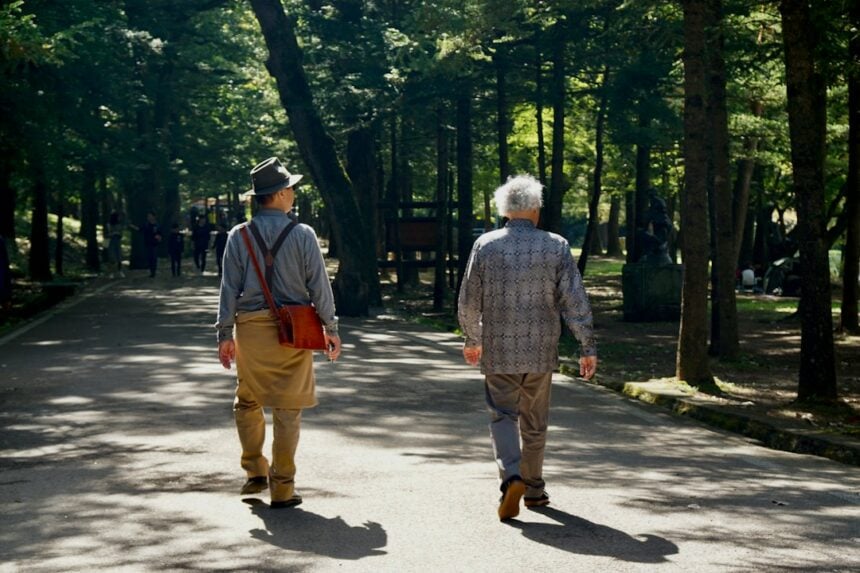 Two older adults walking outdoors, the kind of daily movement counted in the Mediterranean lifestyle index
