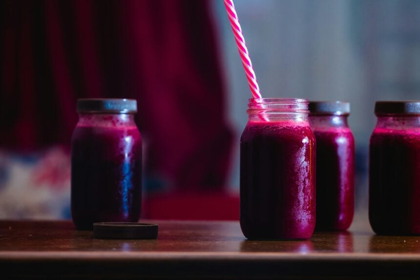 Jars of deep red beetroot juice, the most common source of dietary nitrate tested in athlete trials
