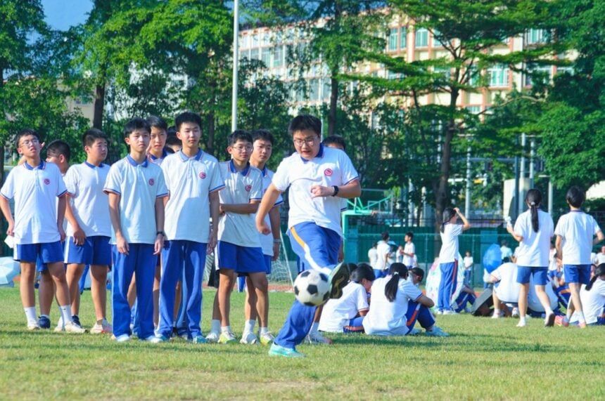 School children playing soccer in a setting used for motor fitness testing