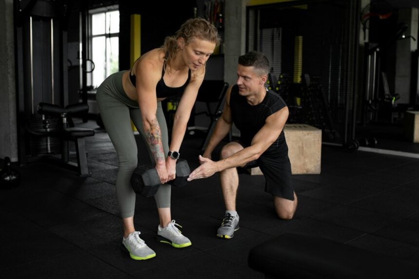 Two adults training with weights in a gym, illustrating the supervised exercise behind diabetes remission research