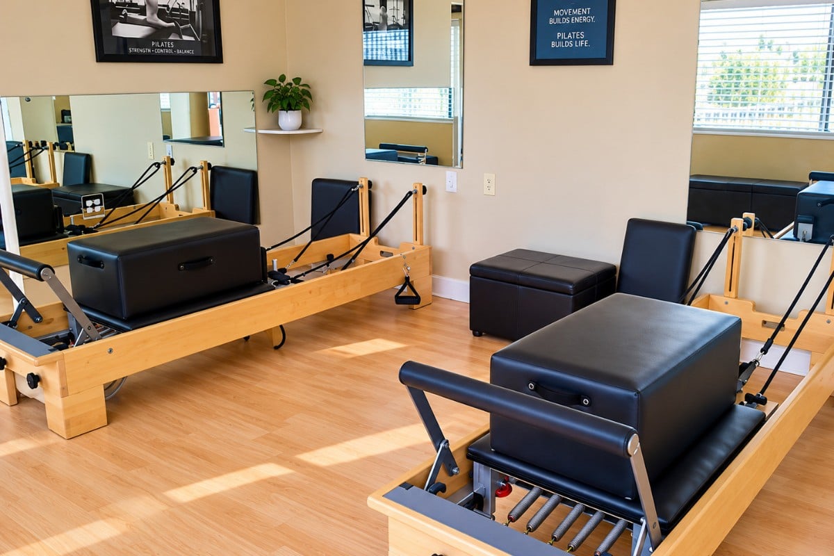 Inside the Pilates Influence studio in Oxnard California overlooking the Channel Islands Harbor